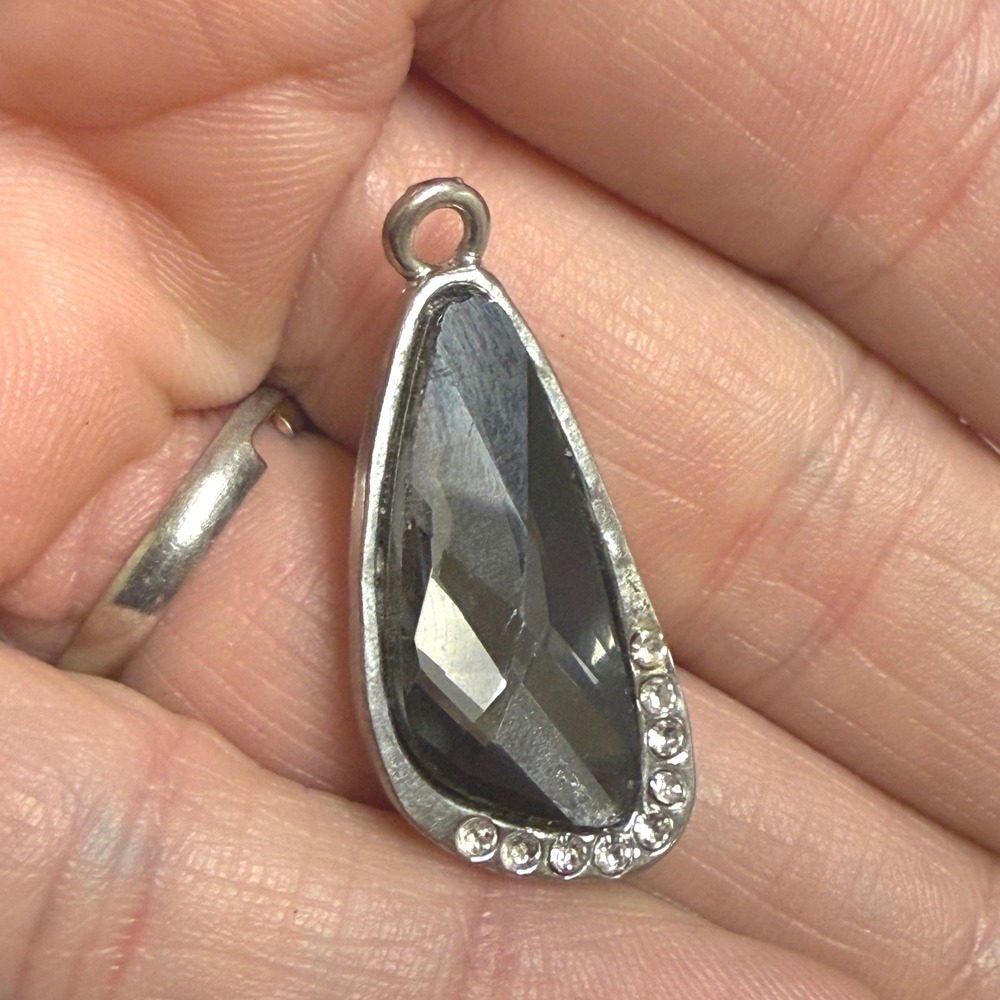 Silver‎ Tone Smoky Grey Faceted Glass Teardrop Pendant Rhinestone Accent 1.25"